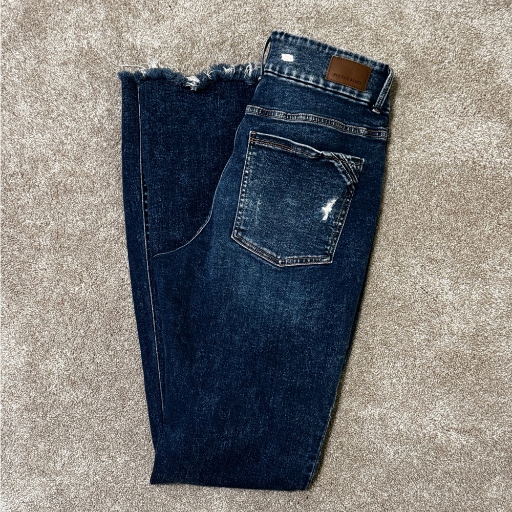 Buckle Black No. 75 flare stretch frayed hem Dark Blue Denim Jeans LONG length